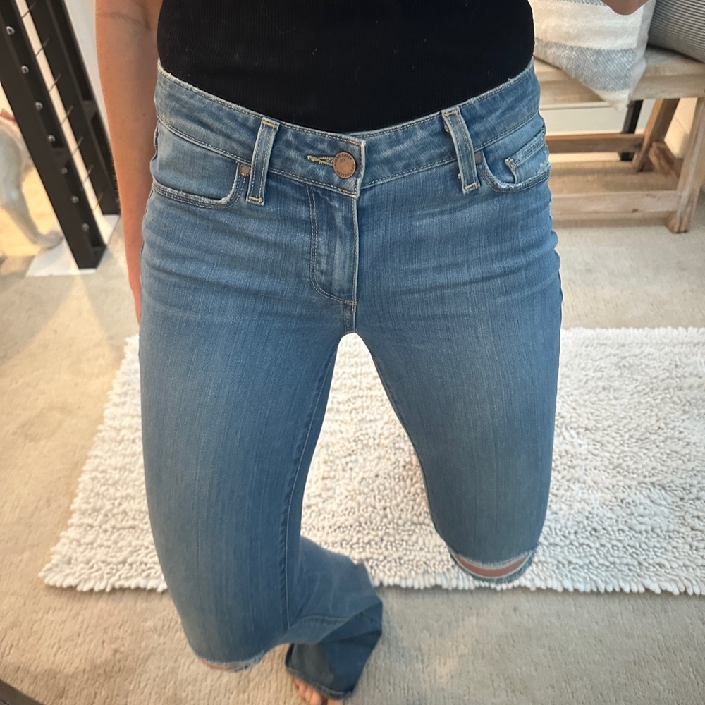 PAIGE Lou Lou Flare Jeans Low Rise Distressed Blue Denim | Size 27 - Picture 4 of 13